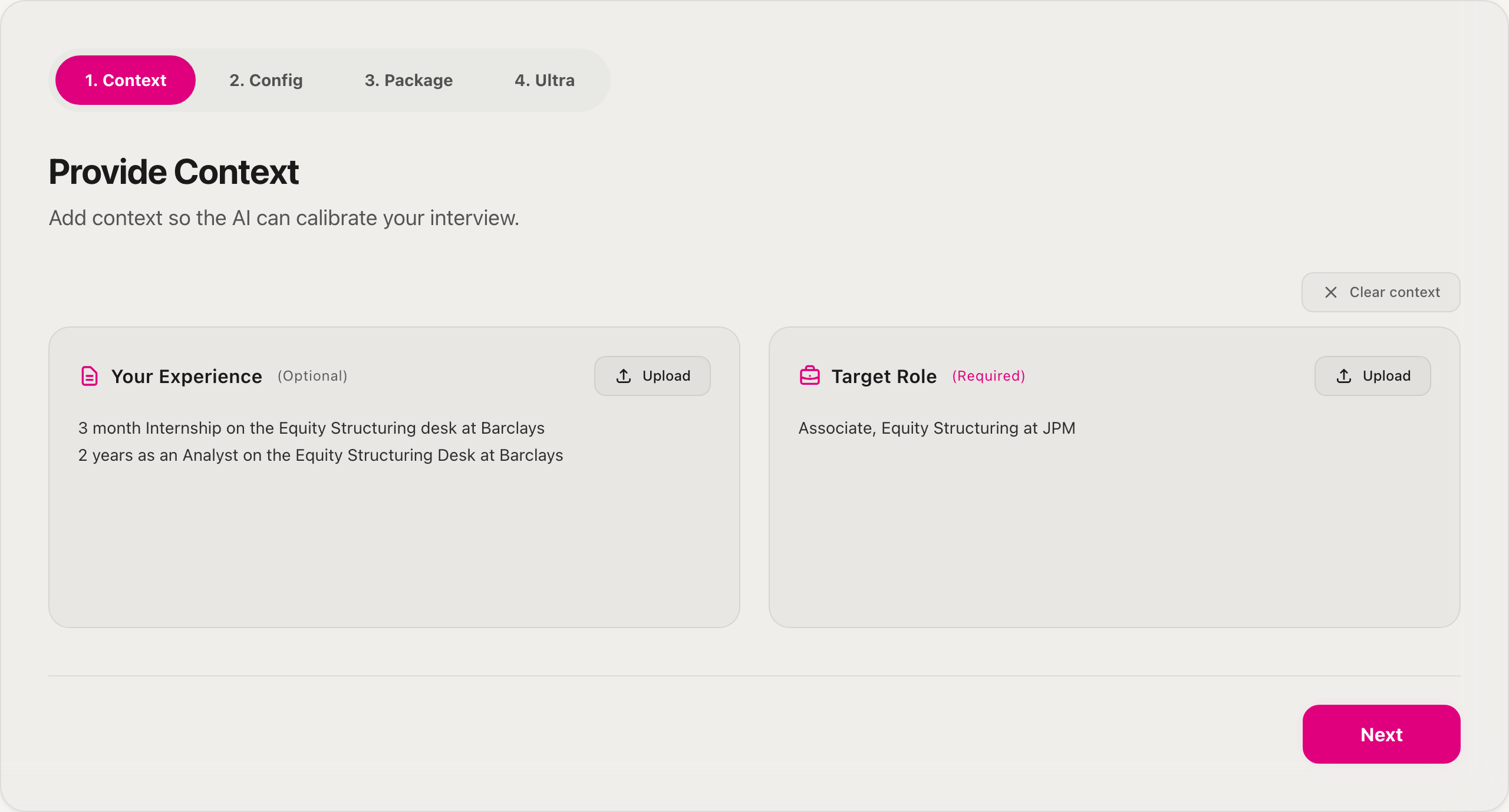 Provide Context screen: Your Experience filled with Barclays Equity Structuring history, Target Role filled with Associate, Equity Structuring at JPM