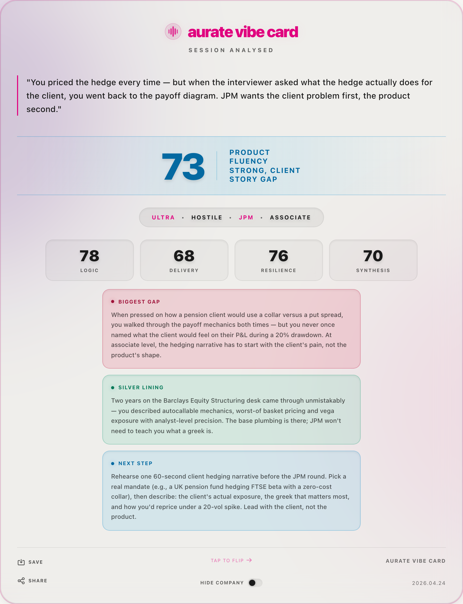 Vibe Card front showing score 73, Product Fluency Strong Client Story Gap headline, metrics for Logic Delivery Resilience Synthesis, Biggest Gap, Silver Lining and Next Step